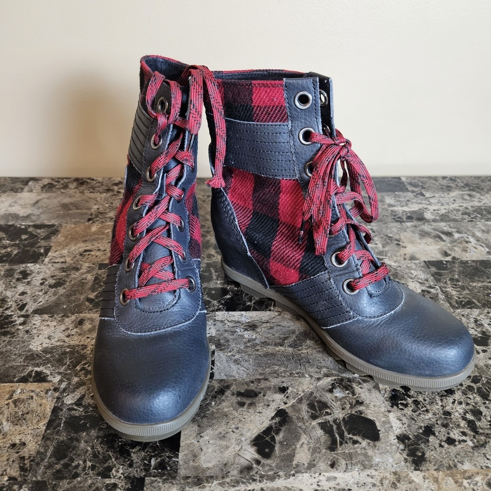 Sorel Joan of Arctic Wedge II‎ Buffalo Plaid Boots Red Black Women's 5 EUR 37